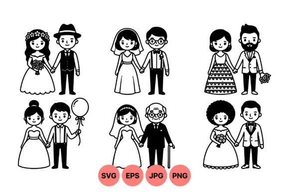 Charming Wedding Clipart: Six Diverse Couples for Your Projects